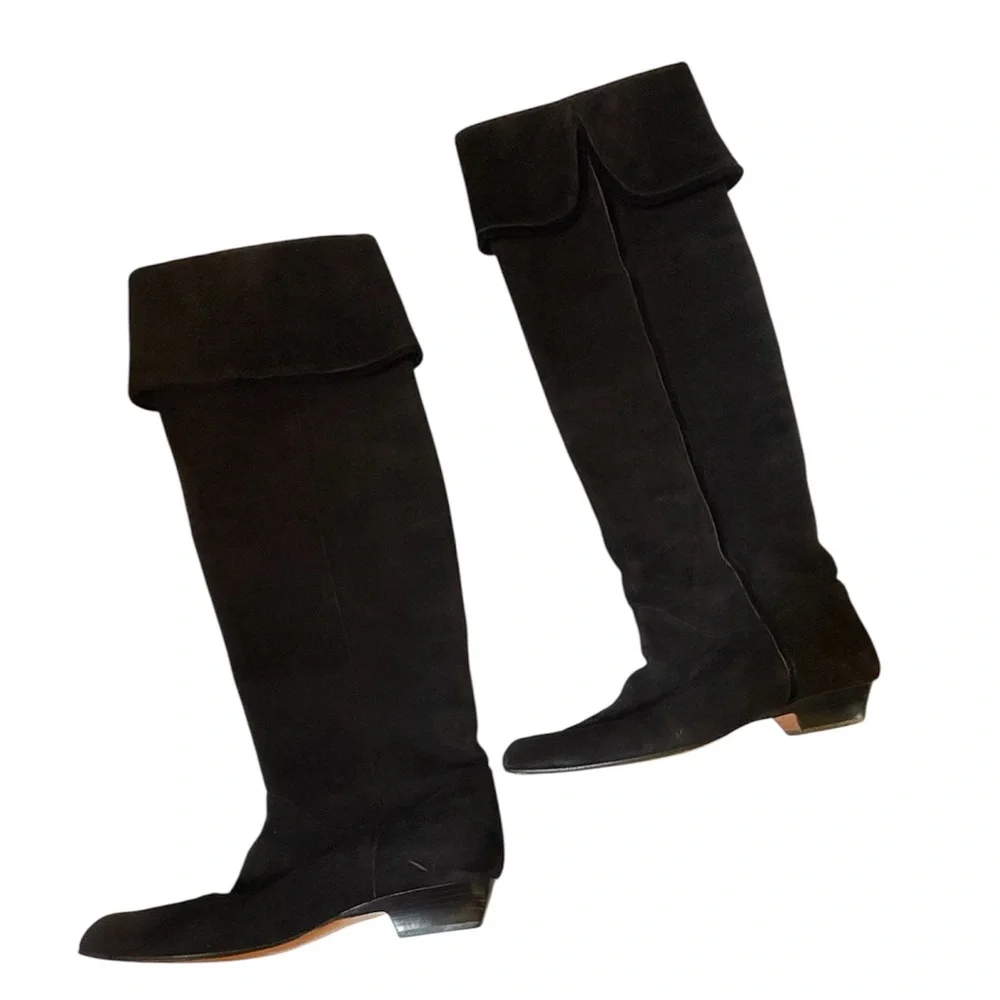 YSL Vintage High Black Suede Boots Over Knee Size 8.5